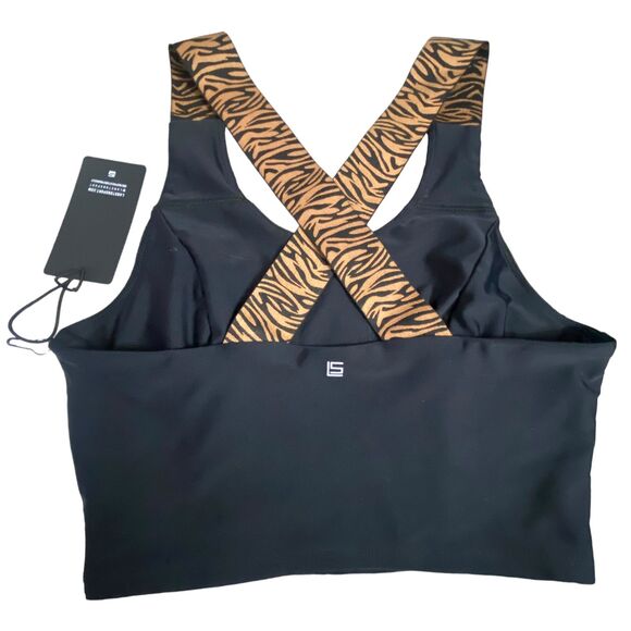 Lanston Sport Black Sport Bra with Leopard Straps Crossed Crop Workout New Small - Picture 5 of 9